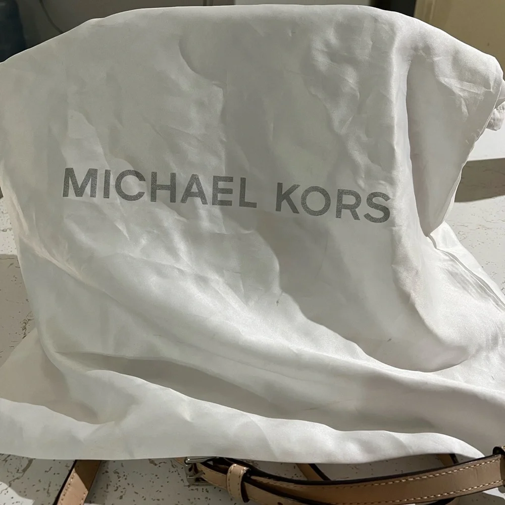 Michael Kors Beige Floral Logo Satchel with Pink Trim